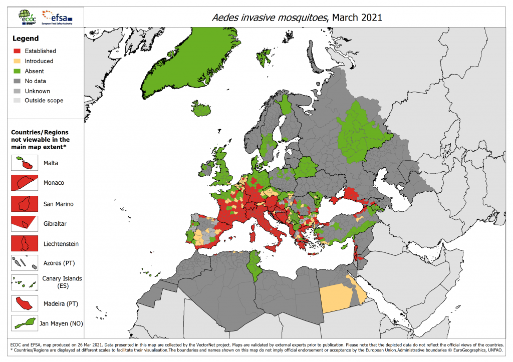 Carte de répartition du Moustique tigre par pays en Europe